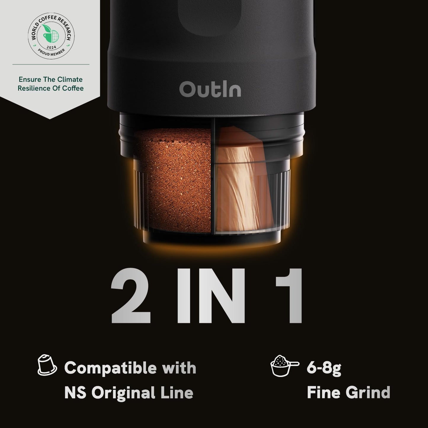 OutIn Nano Portable Espresso Machine with Battery, ideal for on-the-go or camping, coffee maker to go, with electric self-heating via USB-C, 2 in 1 for ground coffee and Nespresso capsules.