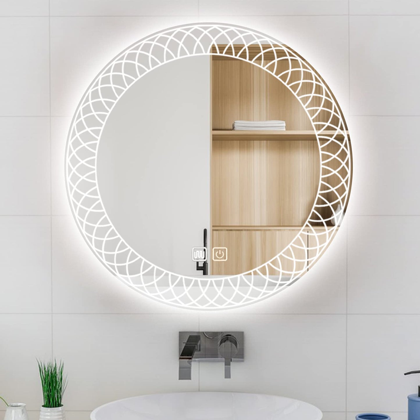 YOSHOOT Bathroom Mirror with Lighting, 60cm Round Wall Mirror LED Lighting, Anti-fog Large Makeup Mirror, Touch Button Dimmable 3 Colors LED Light 6400K IP44 (Kaleidoscope)
