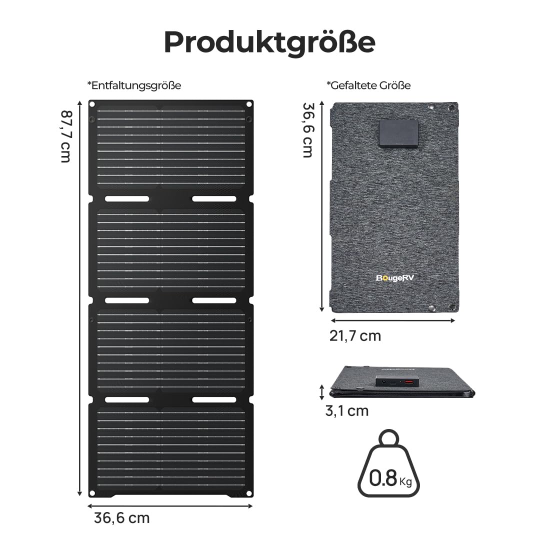 BougeRV 50W ETFE Foldable Solar Panel, Fiberglass 270°, 0.8 kg, Solar Module with DC/USB-C/USB-A outputs, Portable Solar Panel with Carabiner, Compatible with phone, tablet, small power station.