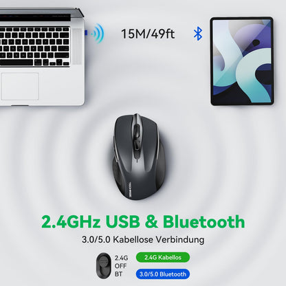 TechRise Bluetooth Mouse, 2.4G Wireless Mouse (BT 5.0/3.0 + 2.4G) 4800 DPI Rechargeable Ergonomic Mouse with USB-A Receiver, 6 Levels DPI Quiet Wireless Mouse for Laptops, Computer, PC, Windows, Gray