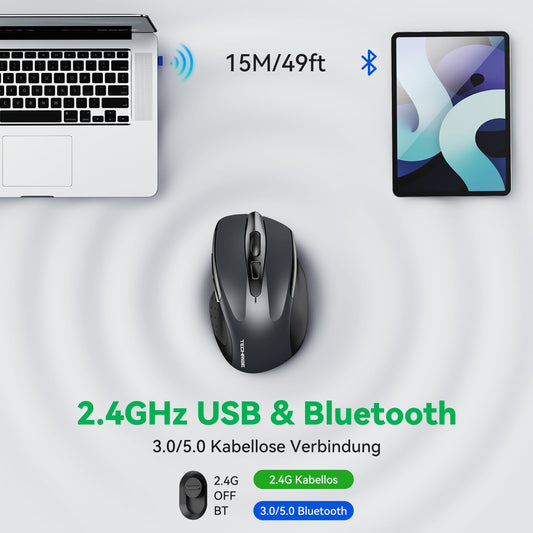 TechRise Bluetooth Mouse, 2.4G Wireless Mouse (BT 5.0/3.0 + 2.4G) 4800 DPI Rechargeable Ergonomic Mouse with USB-A Receiver, 6 Levels DPI Quiet Wireless Mouse for Laptops, Computer, PC, Windows, Gray