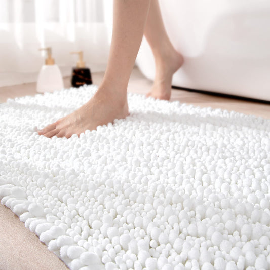 DEXI Bathroom Rug 60 x 110 cm, Chenille bath mat non-slip, soft bath mat machine washable, super absorbent bath rug for bathtub, shower, and bathroom, White.