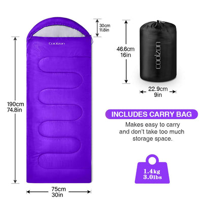 Coolzon sleeping bag for outdoor camping 3-4 seasons, adult rectangular sleeping bag small pack size ultralight carrying bag, soft thick and warm for outdoor camping, travel, hiking, purple.