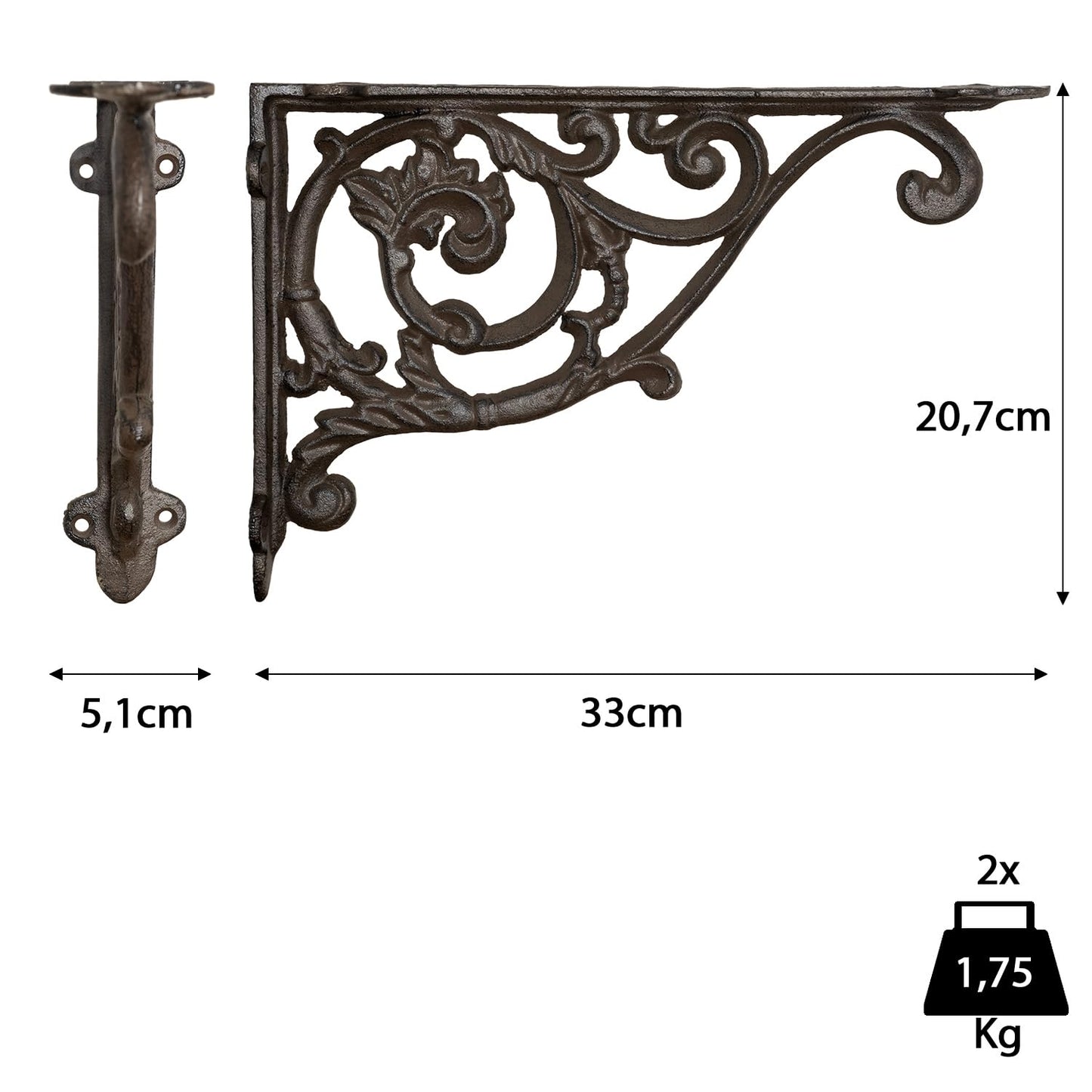 Corner bracket 22 x 33 cm Wall mount Bookshelf bracket Shelf holder set Cast iron Andalusian Antique style Moritz BB-131-BR