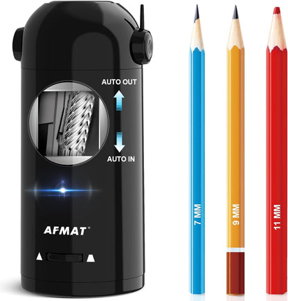 AFMAT Fully Automatic Electric Pencil Sharpener with Container, Electric Sharpener for 7-11.5mm pencils, Portable and Safe, Rechargeable Pencil Sharpener for Home, Office, School, Black