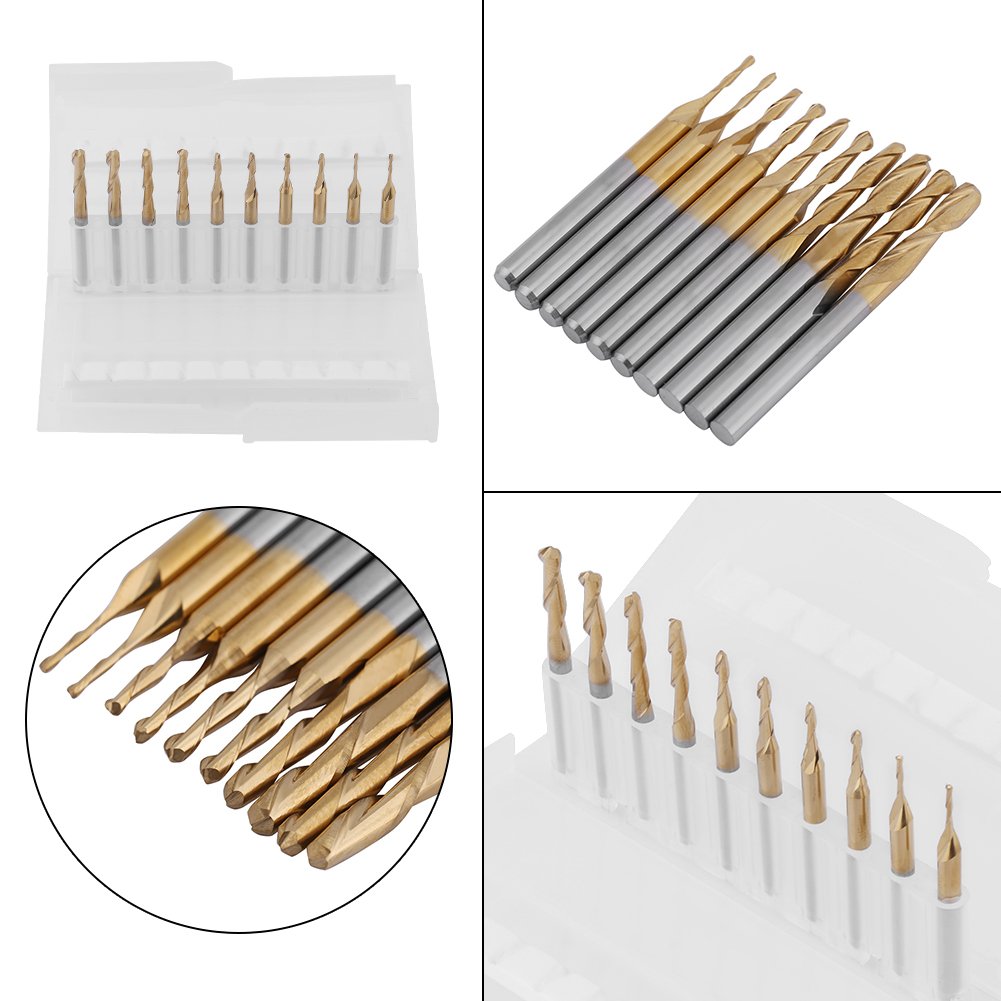 Milling ball nose end mill, titanium coating ball head cutter with 3.175mm shank, CNC ball end mill machine ball nose milling cutter bits, 1 * 4 / 1.5 * 6 / 2 * 8 / 2.5 * 12 / 3.175 * 12mm. 10 pieces.