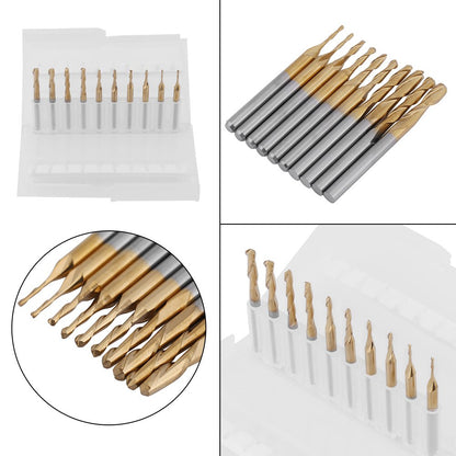 Milling ball nose end mill, titanium coating ball head cutter with 3.175mm shank, CNC ball end mill machine ball nose milling cutter bits, 1 * 4 / 1.5 * 6 / 2 * 8 / 2.5 * 12 / 3.175 * 12mm. 10 pieces.