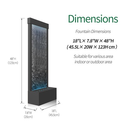 LONGRUN Garden Fountain Large, Indoor Waterfall Fountain with APP Control LED Lighting, 45.5x20x123cm Stainless Steel Garden Water Wall with Pump, Modern Decorative Fountain Waterfall - Black