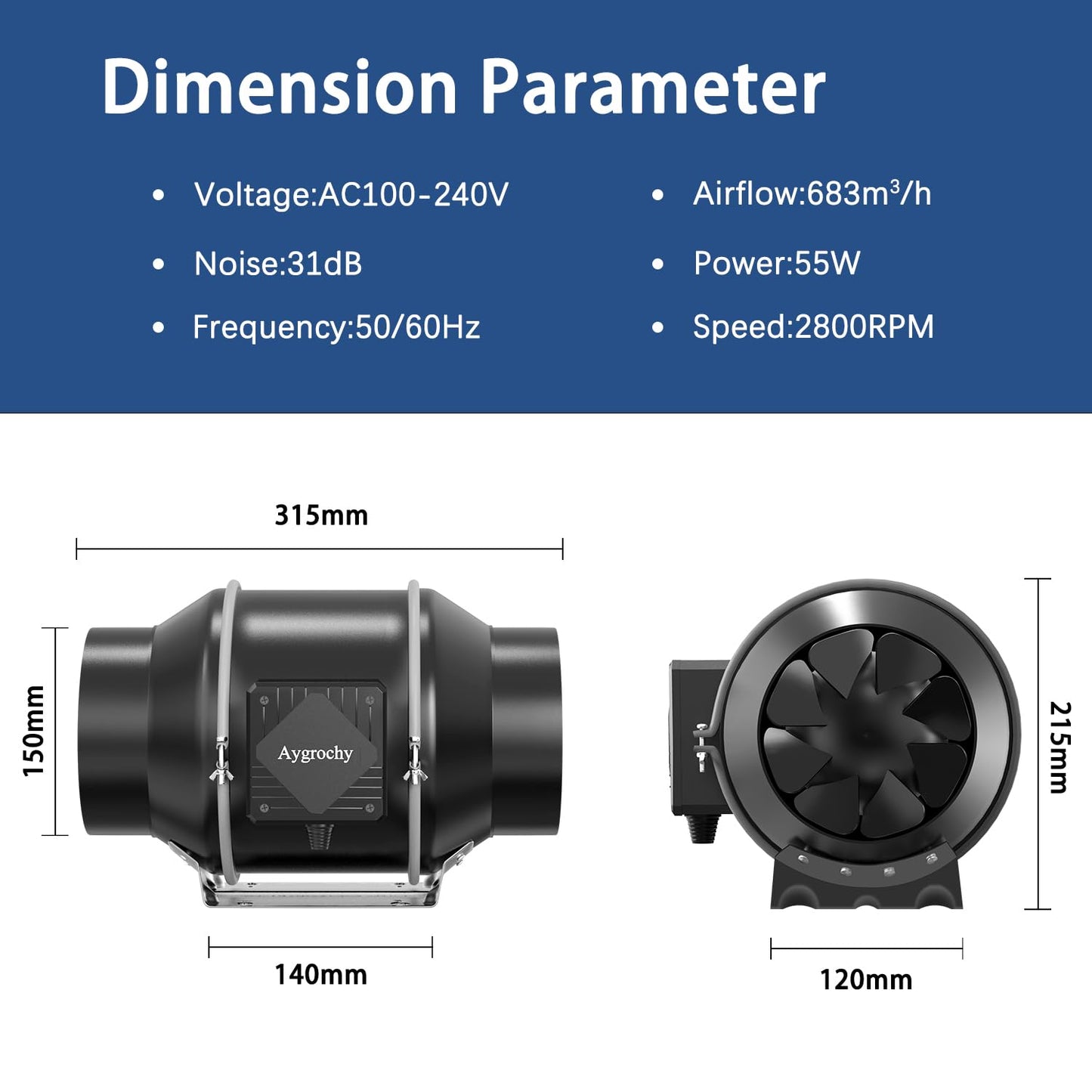 Aygrochy duct fan 150mm adjustable, exhaust fan 683m³/h, inline duct fan for heating, cooling, boosting, grow tents, hydroponics, home use, ventilation, and exhaust.