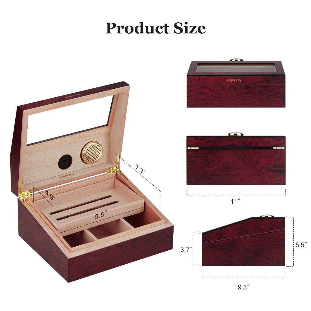 PIPITA Cigar Humidors, Cigar Box with Hygrometer and Humidifier, Cedarwood Desktop Cigar Humidors for 40 Cigars (PD089)