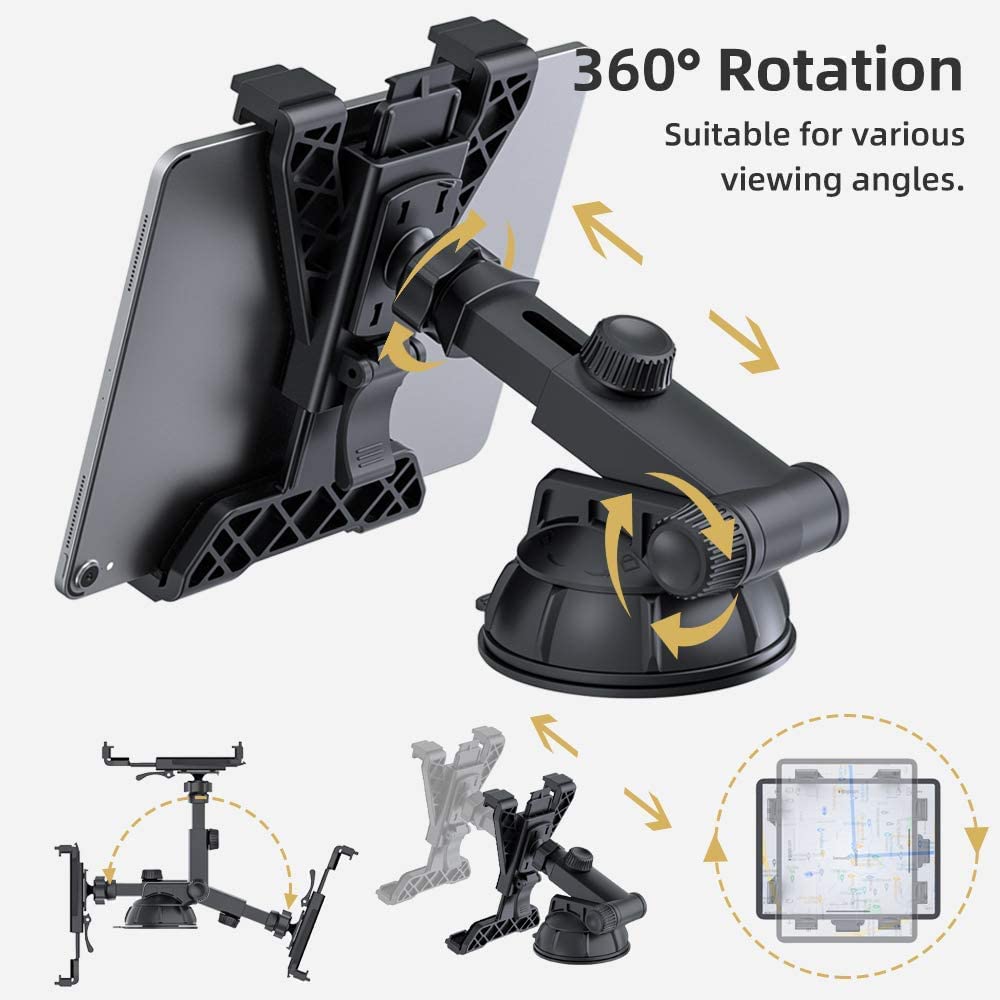 PLDHPRO Universal Tablet Holder with Suction Cup for iPad Air/Mini/Pro 6-13 inches, Samsung Tab case - 360° Rotatable ABS, Telescopic Arm - Dashboard/Windshield/Vent Mount