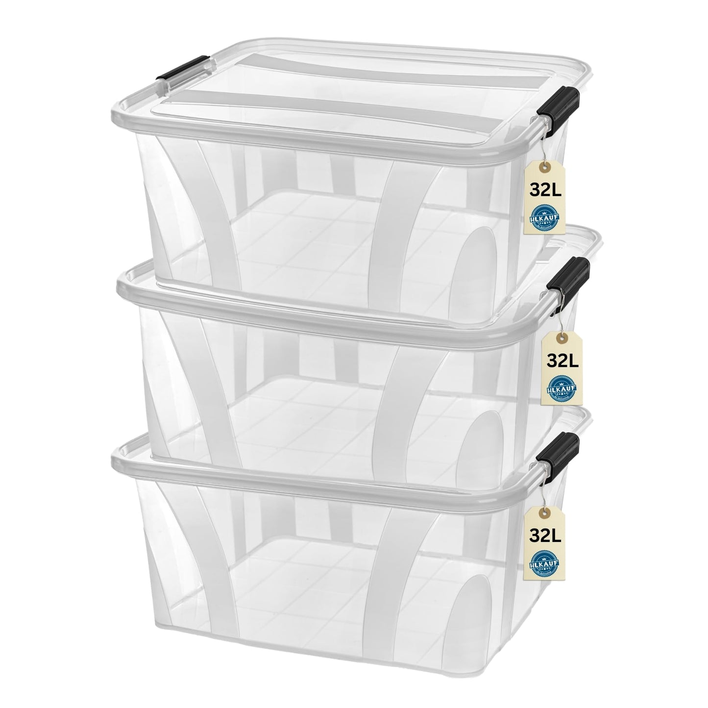 Storage boxes with lid, 7L 14L 21L 32L 55L 80L plastic boxes with click closure stackable boxes 1/3 sets food-safe transparent household & HVAC purchase block (3-set 32-liter & 1x HVAC purchase block)