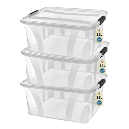 Storage boxes with lid, 7L 14L 21L 32L 55L 80L plastic boxes with click closure stackable boxes 1/3 sets food-safe transparent household & HVAC purchase block (3-set 32-liter & 1x HVAC purchase block)