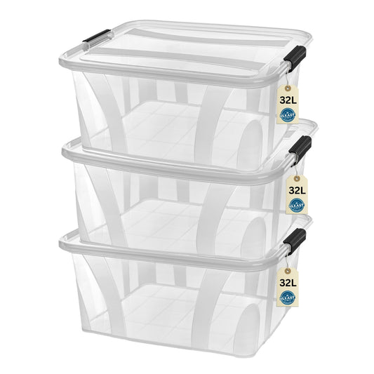 Storage boxes with lid, 7L 14L 21L 32L 55L 80L plastic boxes with click closure stackable boxes 1/3 sets food-safe transparent household & HVAC purchase block (3-set 32-liter & 1x HVAC purchase block)
