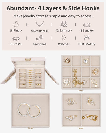 Vlando Jewelry Box Large with 4 layers, Jewelry Case PU Leather, Jewelry Box with Mirror and Drawers, Jewelry Organizers, Velvet lining, Beige