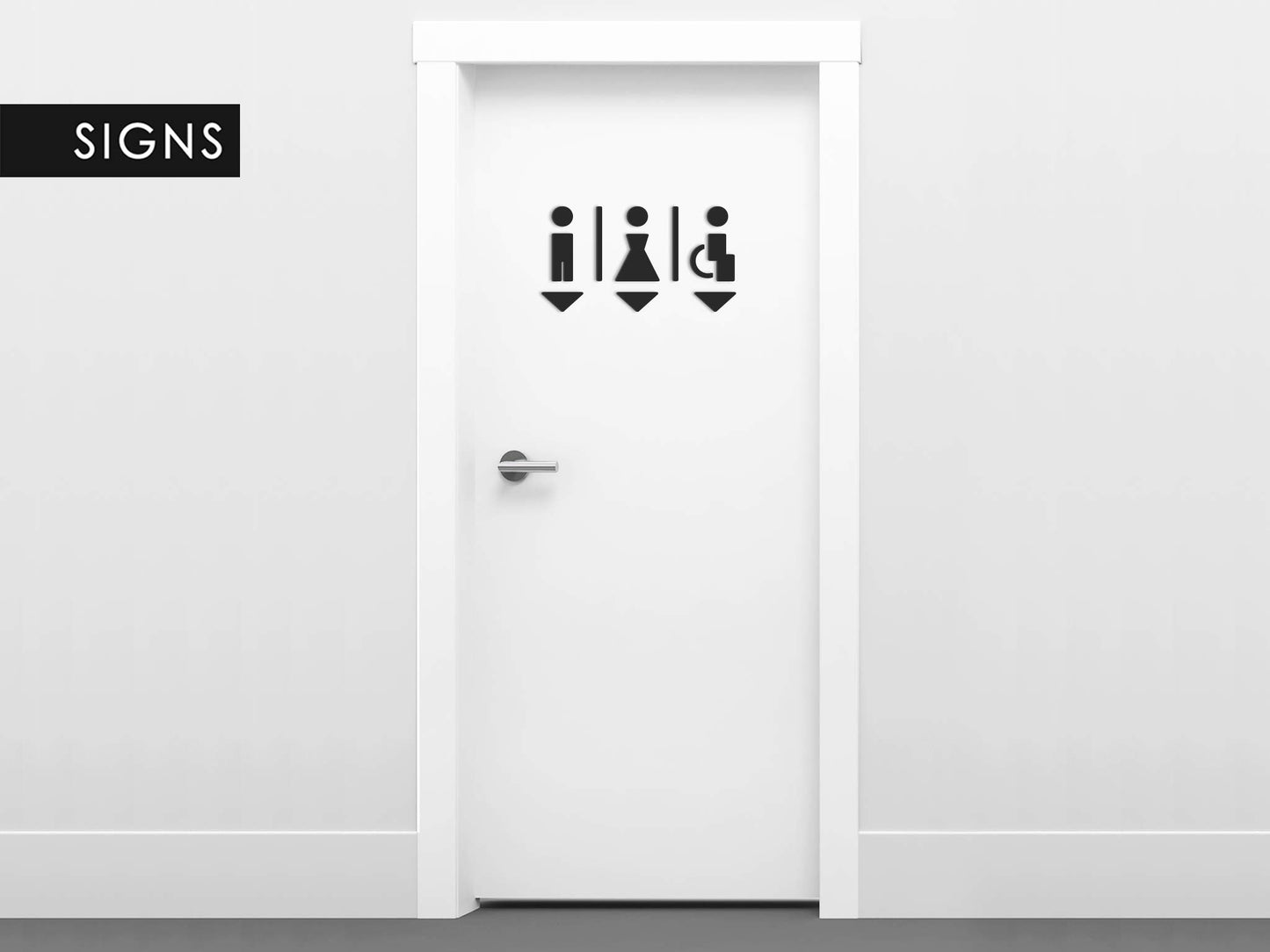 3DP Signs - Embossed Toilet Design Door Sign SA113 Black self-adhesive restroom signs - Modern ladies' restroom sticker bathroom sign for doors - Man, woman, and wheelchair user accessible toilet sign