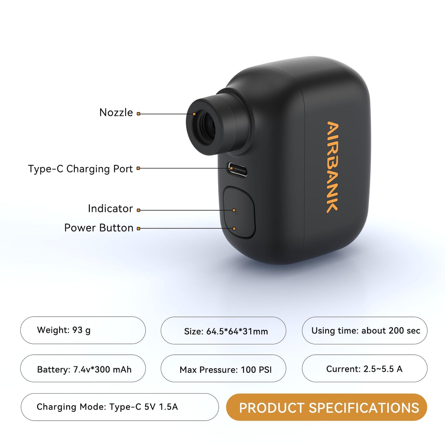 AIRBANK Mini Bike Pump POCKET SE, 100 PSI electric bike air pump for road bikes, portable bike pump, bike tire inflator for Schrader and Presta valves with rechargeable battery.
