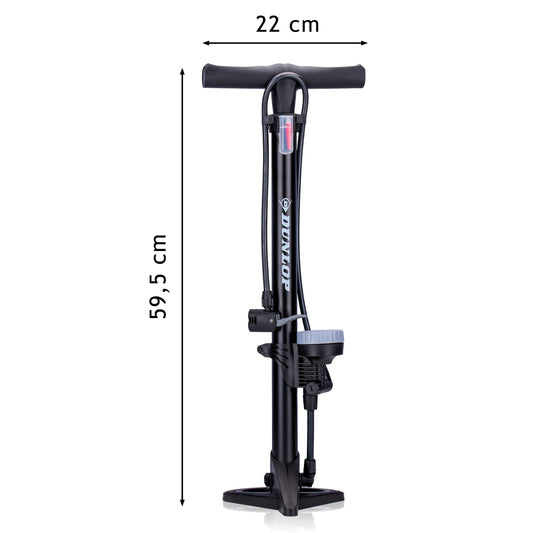 Dunlop bike pump with pressure gauge - bicycle pump with 2 adapters - for all valves - Dunlop, Presta, and Schrader valve - pump 11 bar/160PSI - plastic - black