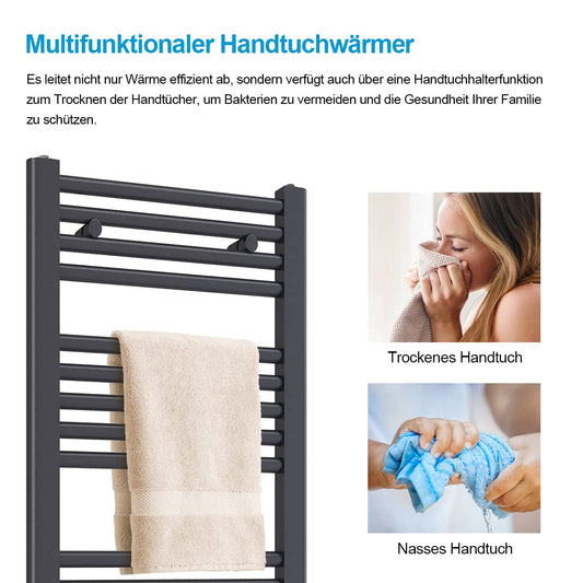Heilmetz electric towel radiator 100x40cm with digital thermostat and timer function. Straight towel radiator in anthracite 300W.