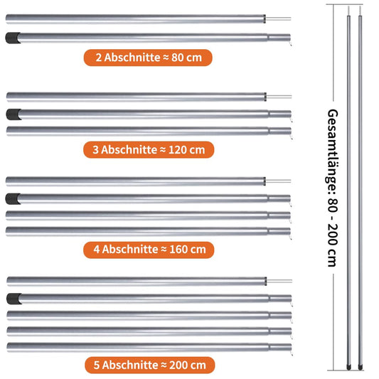 wiipara tent pole telescopic pole 2-piece set, set-up pole for tarp, tent, sunshade camping tarps adjustable up to 200cm, pole for sunshade attachment, silver
