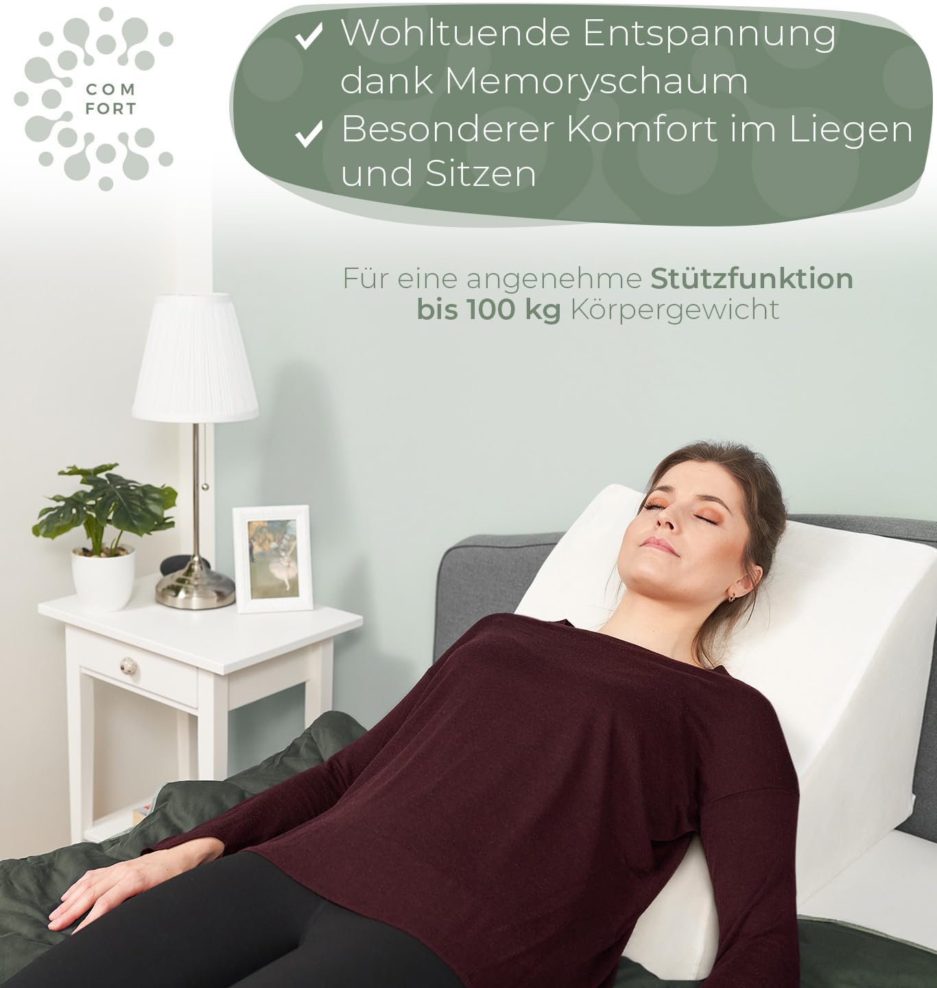 Ergonomic reading pillow for bed and sofa - comfortable back pillow with memory foam - can be used as a reflux pillow, wedge pillow for bed, bed pillow backrest while sitting and lying down, GRAY