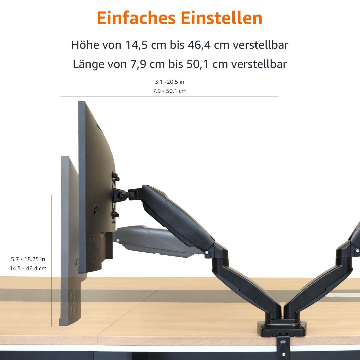 Amazon Basics dual monitor desk mount, gas spring monitor arm, adjustable, for monitors up to 27 inches (68.6 cm) in size, Black