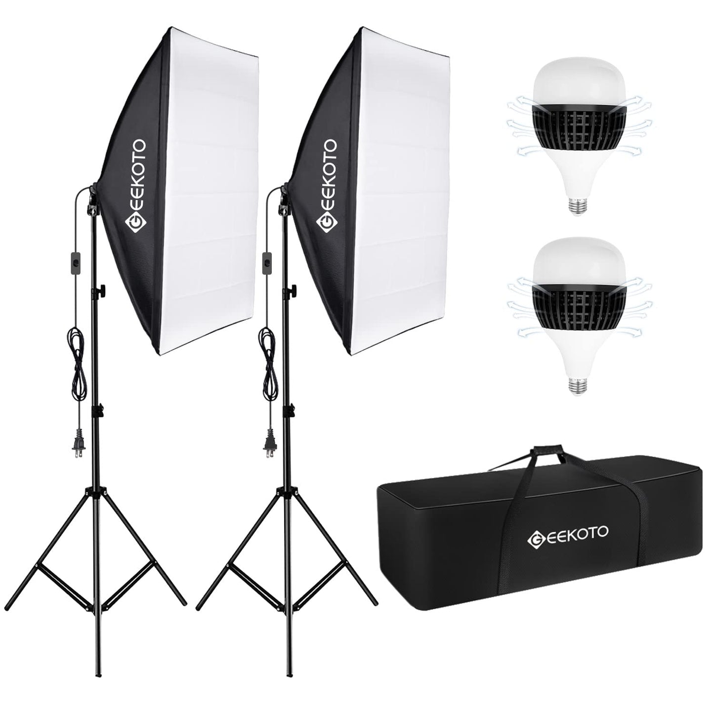 GEEKOTO Softbox Set Photo Studio 50 x 70cm, Continuous Light Studio Lighting Set with 2 Softbox Lamps E27 85W 5500K, 2m Fully Adjustable Light Stands for Studio Portraits, Product Photography, Fashion Photos, etc.
