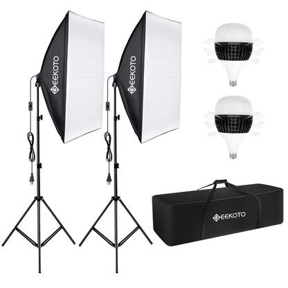 GEEKOTO Softbox Set Photo Studio 50 x 70cm, Continuous Light Studio Lighting Set with 2 Softbox Lamps E27 85W 5500K, 2m Fully Adjustable Light Stands for Studio Portraits, Product Photography, Fashion Photos, etc.