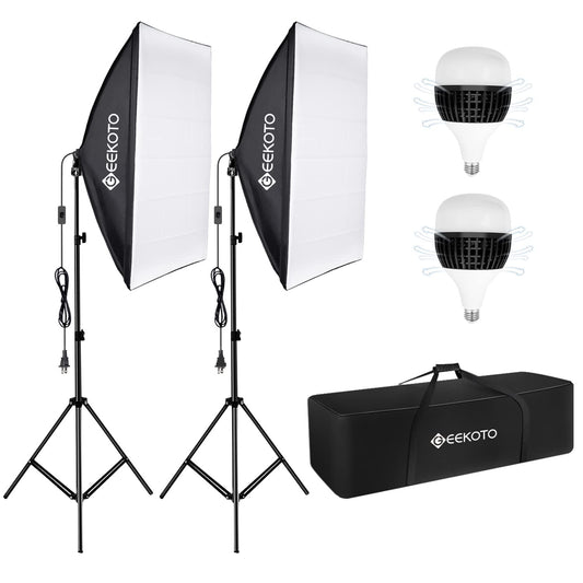 GEEKOTO Softbox Set Photo Studio 50 x 70cm, Continuous Light Studio Lighting Set with 2 Softbox Lamps E27 85W 5500K, 2m Fully Adjustable Light Stands for Studio Portraits, Product Photography, Fashion Photos, etc.