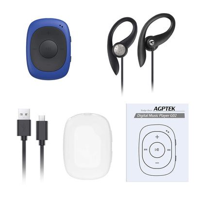 AGPTEK Mini Clip 8GB MP3 player with earhook headphones and silicone case, lightweight sports music player with 5 buttons and 2 function switches, (packaging MULTIPLE USE) Blue.