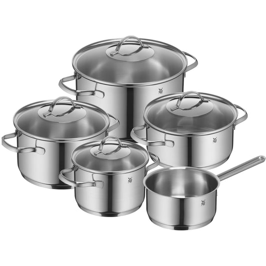 WMF Provence Plus 5-piece Induction Cookware Set, uncoated with glass lids, suitable for all types of stoves, induction pots set, without scaling, polished Cromargan stainless steel.