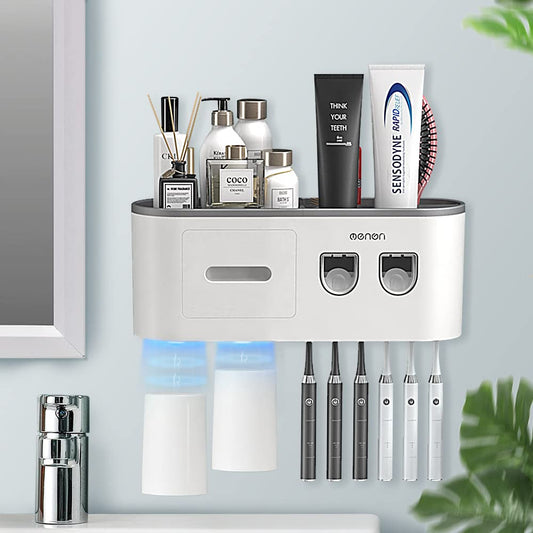 BHeadCat toothbrush holder, wall-mounted toothbrush holder with double automatic toothpaste dispenser for kids and adults, 6 brush slots, 2 magnetic cups, Gray.