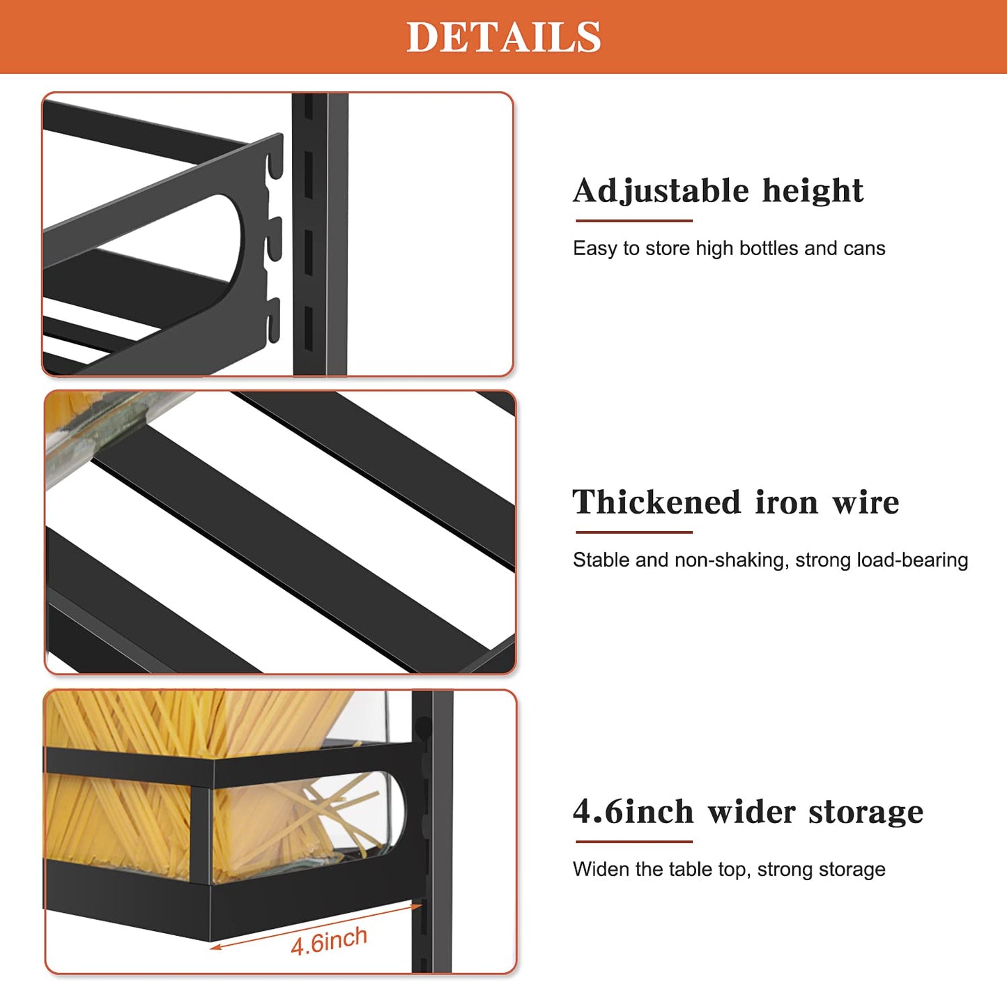 X-cosrack Spice Rack Wall Shelf 5 Levels Adjustable Height Spice Rack for Kitchen Cabinet Door, Hanging Shelf with Hooks, Black