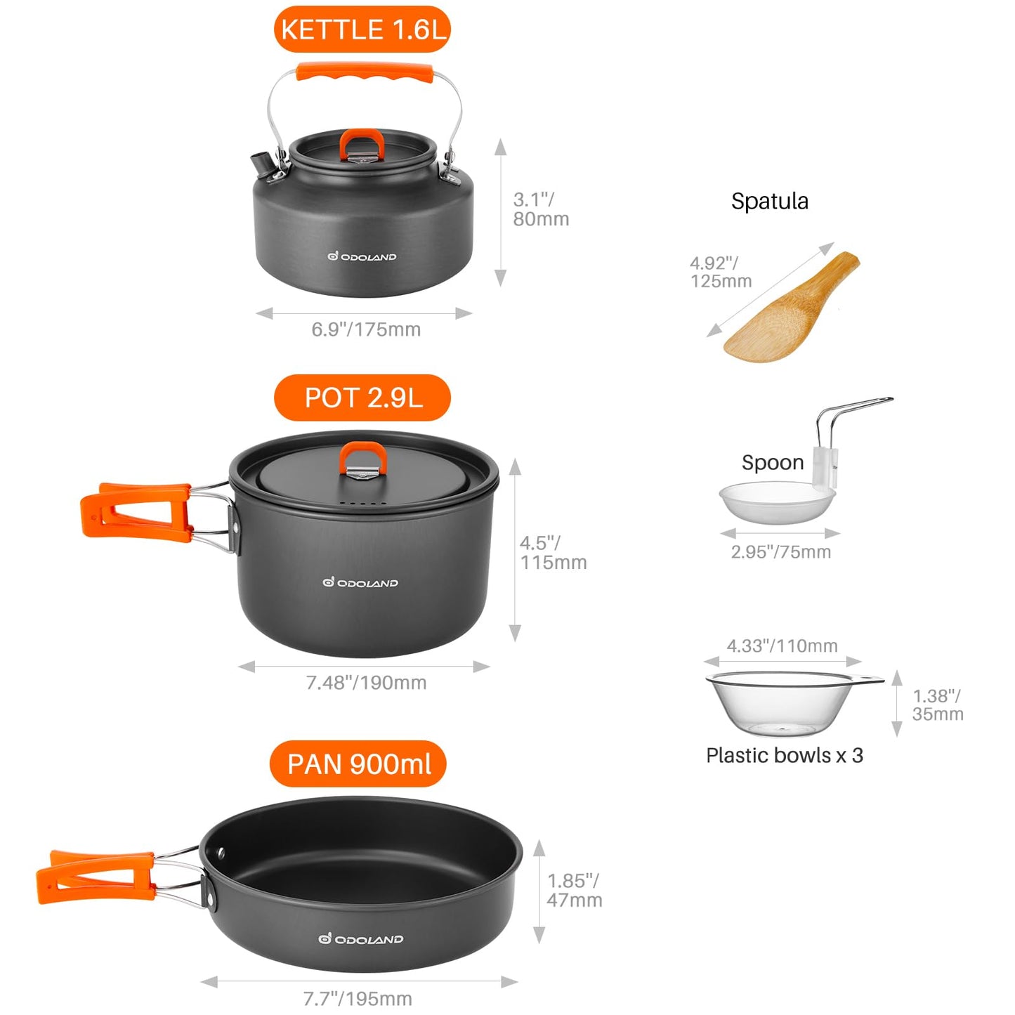 Odoland Camping Cookware Set, 10-piece outdoor dish set with camping pot 2.9L, camping frying pan 0.9L, and teapot 1.6L for camping, outdoor cooking, hiking, and traveling.