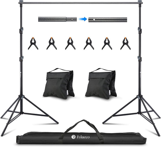 Potaeco Photo Background Stand, 2.8x3M Backdrop Stand Adjustable Photo Studio Support System with 6 Background Clips, 2 Sandbags and Carrying Bag for Portrait Product Photography, Wedding Parties