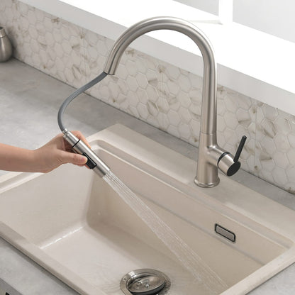 TIMACO High Pressure Kitchen Faucet, Pull Down Kitchen Faucet, Kitchen Sink Faucet 360° Rotatable, Kitchen Mixer Tap with Sprayer, Sink Tap with Two Flow Patterns, 304 Stainless Steel, Brushed Nickel