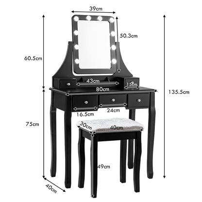 GOPLUS Vanity Table with Mirror and 10 LED Bulbs, Makeup Table with 5 Drawers and Organizer, Wooden Dressing Table, for Bedroom (Black)