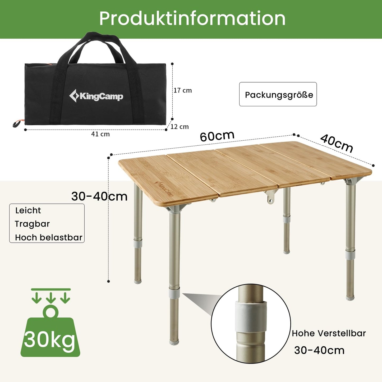 KingCamp Bamboo Camping Table Adjustable Folding Table for 1-2 People, Foldable Camping Table with 4 Folds and Carry Bag, Supports up to 80 kg, 60 x 40 cm, S-sized.