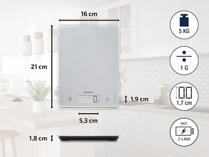 Soehnle Page Comfort 100, digital kitchen scale, silver, weight up to 5 kg (1 g accurate), household scale with sensor touch, electronic scale including batteries, large LCD display