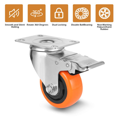 WBD WEIBIDA 75mm furniture casters with 4 brakes, double locking 360-degree polyurethane swivel casters heavy duty with 450kg load capacity, silent casters for furniture transport, table, cabinet, set of 4