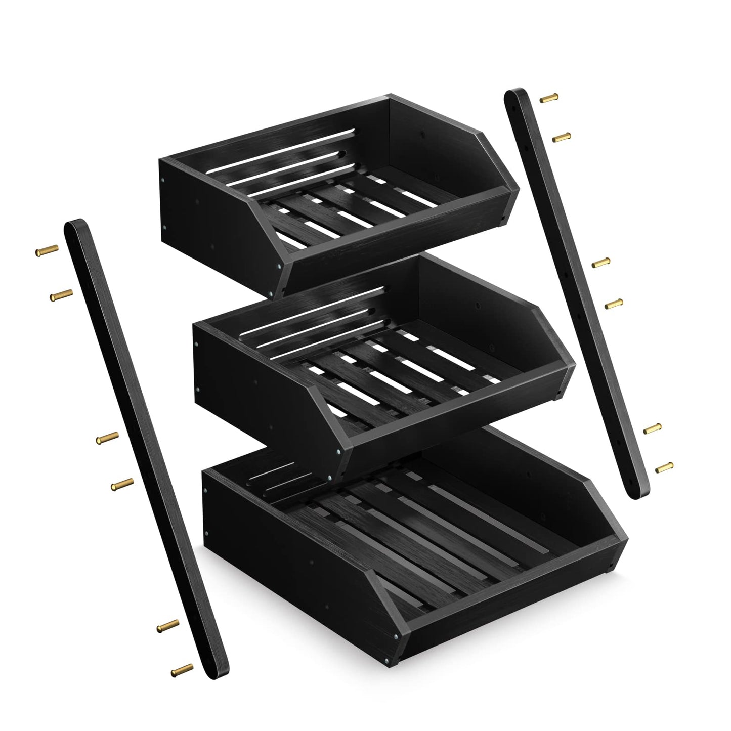 G.a HOMEFAVOR Bamboo Fruit Basket 3 Tier Removable Fruit Stand Storage Holder for Vegetables Snacks Bread Kitchen, Black
