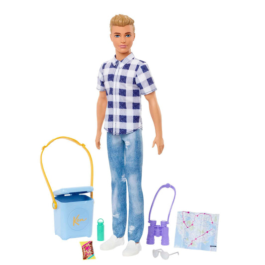 Barbie Camping Series, Ken doll with brown hair, map, binoculars, camping accessories, stickers, includes Ken doll, gift for kids, toy for ages 3+, HHR66