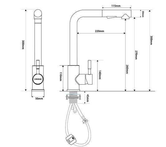 KINSE kitchen faucet with pull-out spray, stainless steel sink faucet kitchen, 2 spray modes, 360° swivel, brushed gold.