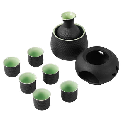 Sake set and cups with warmer and gift box, traditional Japanese porcelain for hot sake drinks, 9 pieces, including 1 stove, 1 warming tray, 1 sake bottle, 6 cups