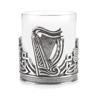 AE Williams whiskey glass with Irish Celtic shamrock and harp made of pewter.