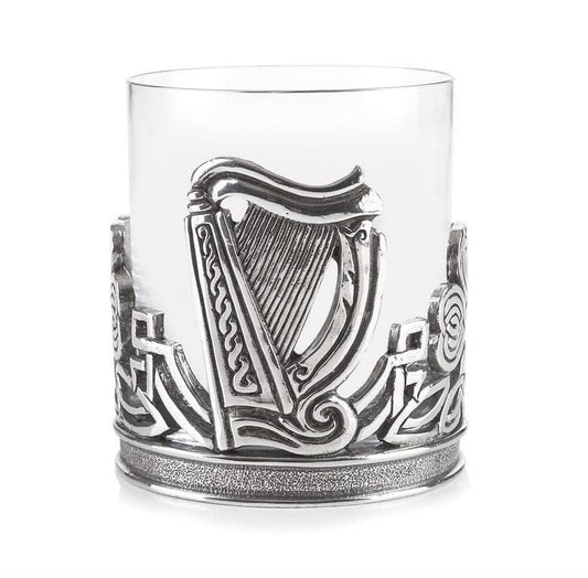 AE Williams whiskey glass with Irish Celtic shamrock and harp made of pewter.