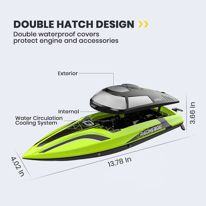 DEERC RC boat with LED light, remote controlled, for pools and lakes, 20+ km/h, 2.4GHz racing boats with 2 batteries, pool toy for kids, remote controlled watercraft (Green)