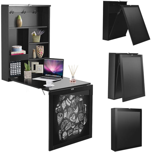 RELAX4LIFE Wall-Mounted Folding Table, Foldable Desk with Chalkboard & 6 Compartments, Multifunctional Fold-down Table, Wooden Wall-Mounted Table, Dining Table, Desk for Dining Room & Living Room & Kitchen (Black)