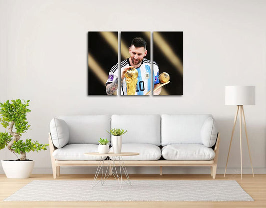 DKORARTE Modern photo canvas, soccer, World Cup, Lionel Messi, gold ball, 97 x 62 cm, Ref. 27402.