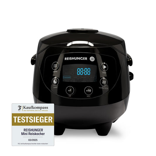 REISHUNGER Digital Rice Cooker small, black | 0.6 L for 3 people | Keep warm function, timer & premium pot | Small multi-cooker & steamer, 8 programs, 7-phase technology